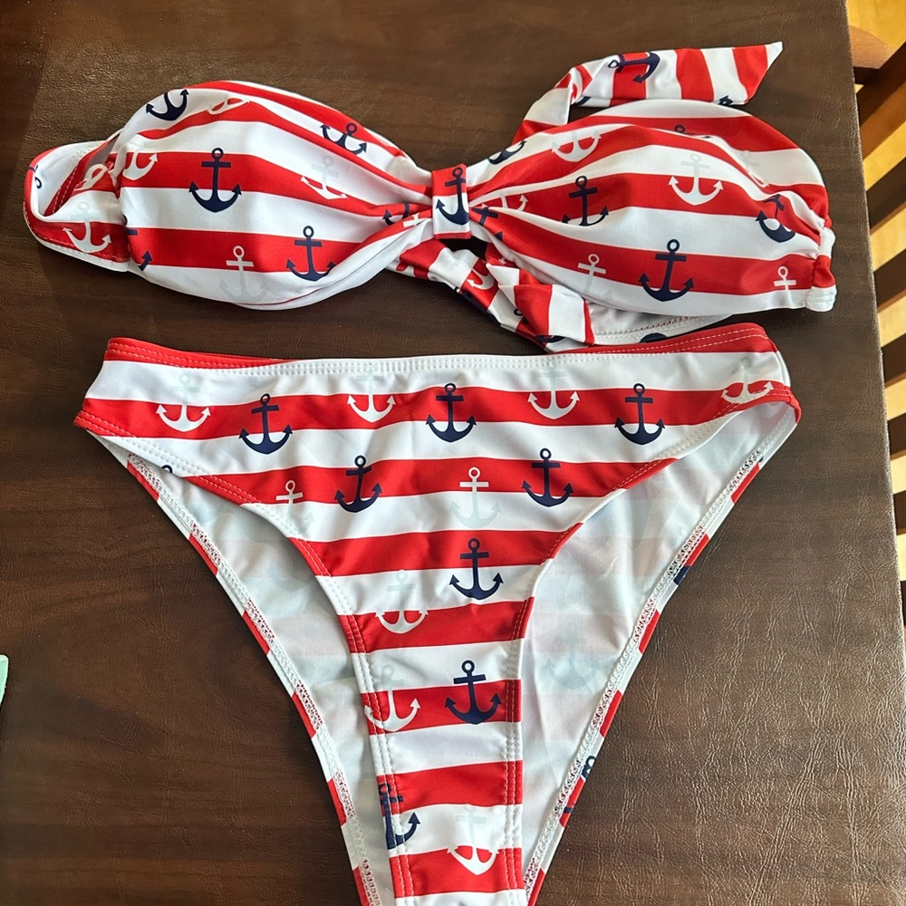 Red and White Striped Bikini with Anchor Print Large